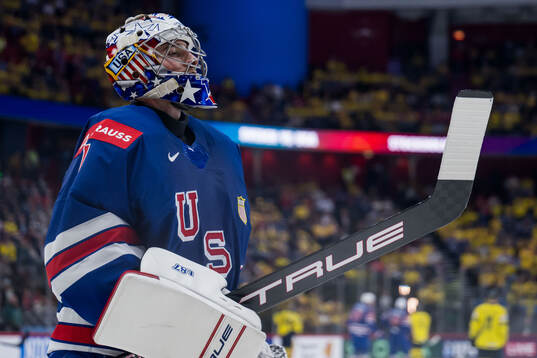 Goaltender Jeremy Swayman of USA