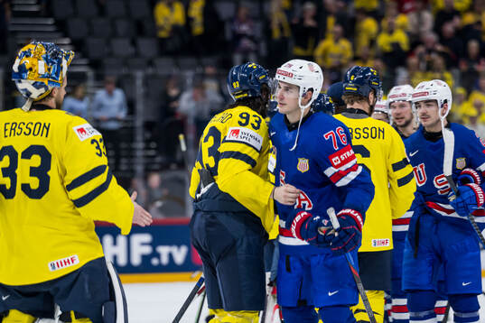 Mika Zibanejad of Sweden and Brady Skjei of USA
