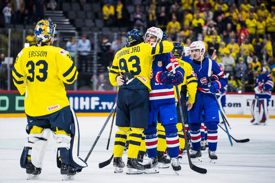 Mika Zibanejad of Sweden and Brady Skjei of USA