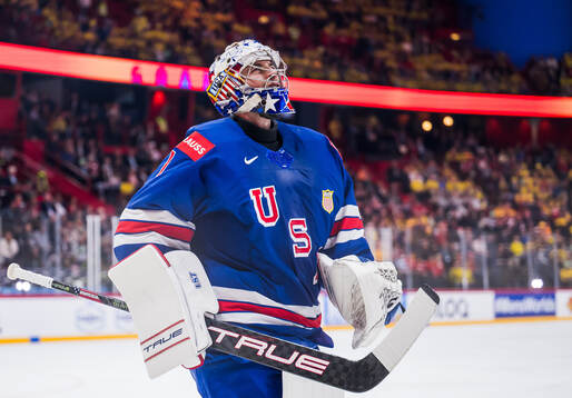 Goaltender Jeremy Swayman of USA