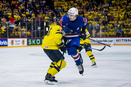 Adam Larsson of Sweden and Cutter Gauthier of USA