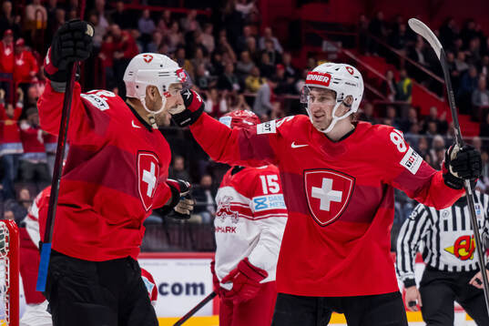 Nino Niederreiter and Janis Moser of Switzerland celebrate