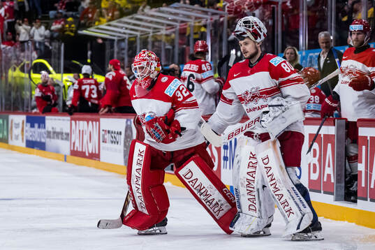 Goaltender Sebastian Dahm and goaltender Frederik Dichow of