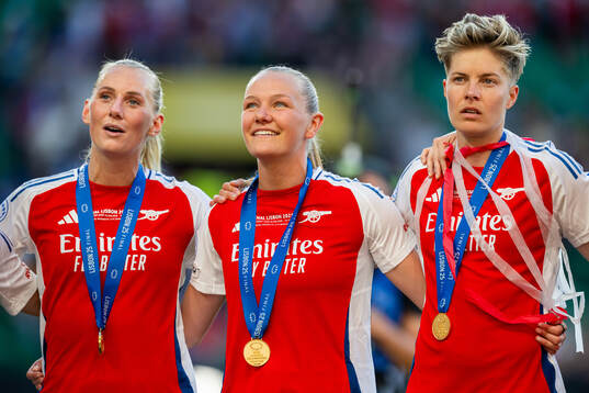 Stina Blackstenius, Frida Maanum and Lina Hurtig of Arsenal