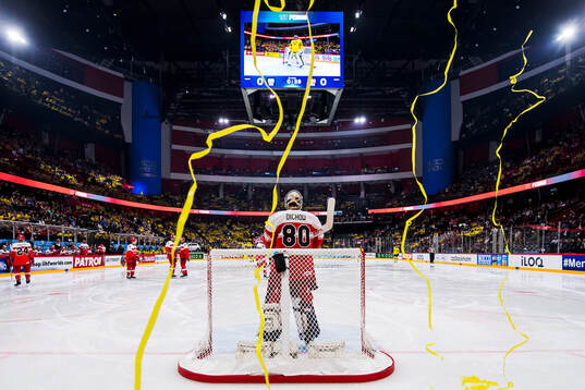 Goaltender Frederik Dichow of Denmark