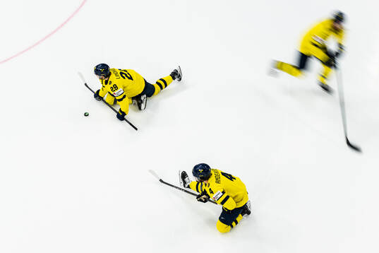 Elias Lindholm and Rasmus Andersson of Sweden at warm-up