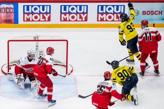 Marcus Johansson and Mika Zibanejad of Sweden celebrates