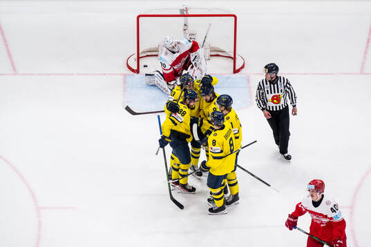 goaltender Frederik Dichow of Denmark looks dejected while