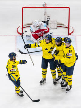 goaltender Frederik Dichow of Denmark looks dejected while