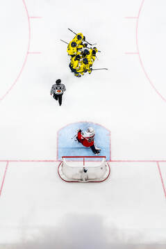 Goaltender Frederik Dichow of Denmark looks dejected while