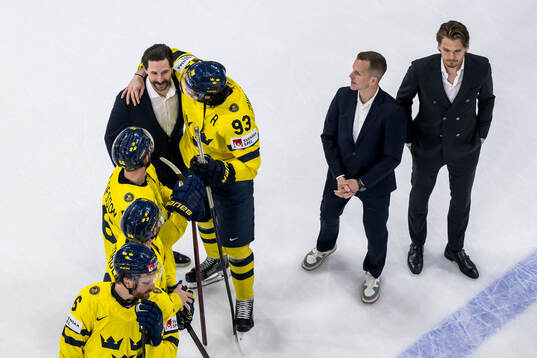 Filip Forsberg, Mika Zibanejad and Max Friberg of Sweden