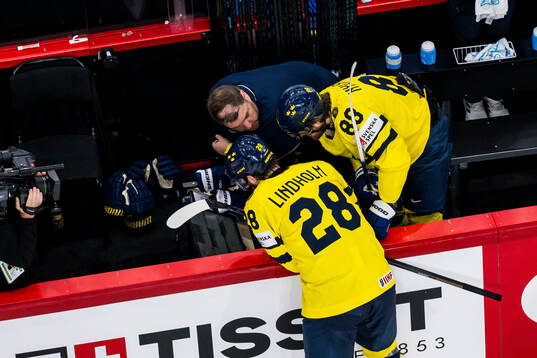 Elias Lindholm and William Nylander of Sweden view video of