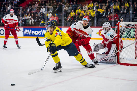 Leo Carlsson of Sweden competes for the puck with Matias