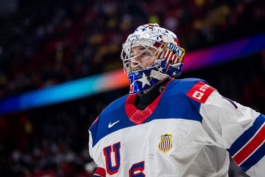 Goaltender Jeremy Swayman of USA