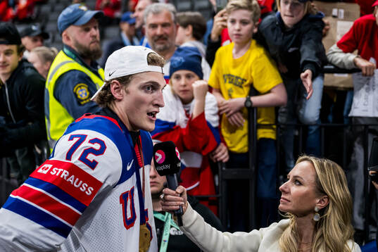 Tage Thompson of USA is interviewed