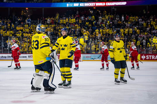 Goaltender Samuel Ersson and Anton Bengtsson of Sweden
