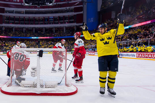 Mikael Backlund of Sweden celebrates the 1-0 goal behind