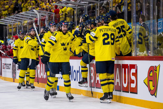 Mika Zibanejad of Sweden celebrates with team mates
