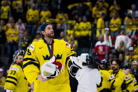 Goaltender Jacob Markström of Sweden celebrates
