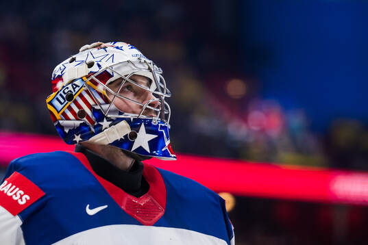 Goaltender Jeremy Swayman of USA
