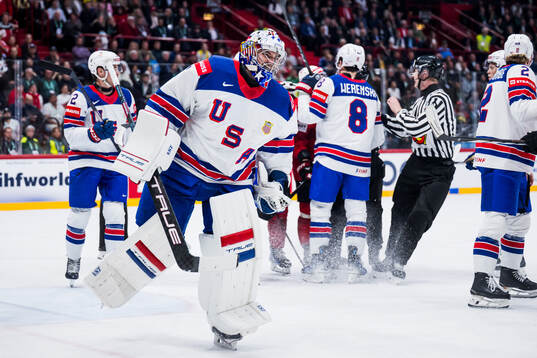 Goaltender Jeremy Swayman of USA