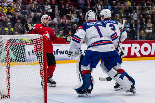 Kevin Fiala of Switzerland reacts against goaltender Jeremy