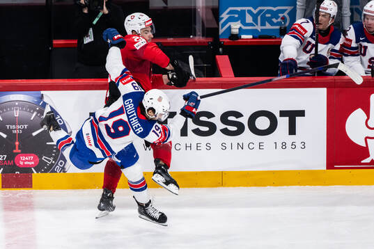 Timo Meier of Switzerland and Cutter Gauthier of USA