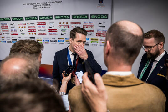 Head coach Sam Hallam of Sweden is being interviewed