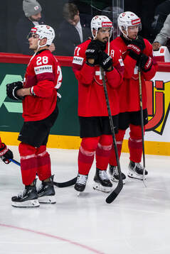 Timo Meier and Jonas Siegenthaler of Switzerland look
