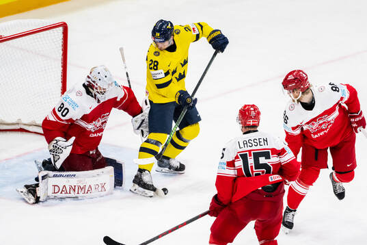 goaltender Frederik Dichow of Denmark and Elias Lindholm of