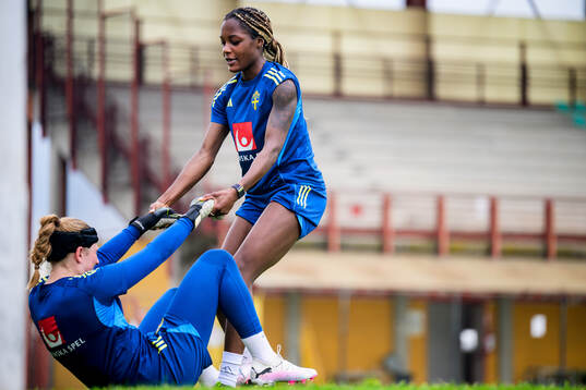 Evelyn Ijeh and goalkeeper Tove Enblom of the Swedish