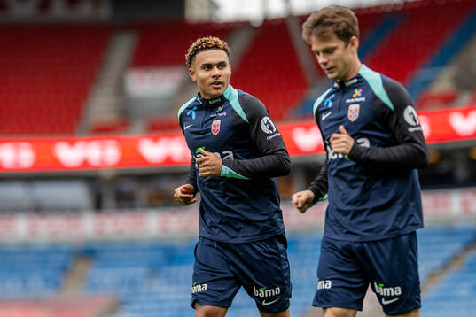 Antonio Nusa and Felix Horn Myhre of the Norwegian national