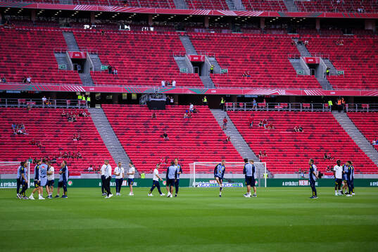 Players and coaching staff of Sweden walk the pitch