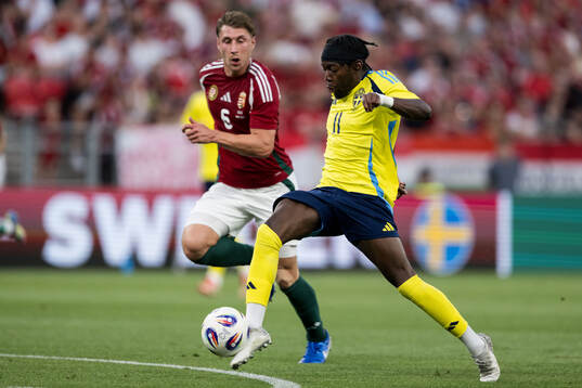 Willi Orban of Hungary and Anthony Elanga of Sweden