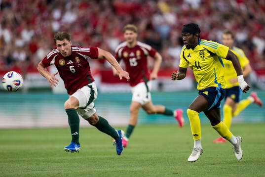 Willi Orban of Hungary and Anthony Elanga of Sweden