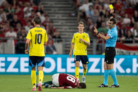 Hjalmar Ekdal of Sweden receives a yellow card from referee