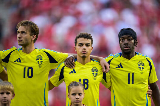 Benjamin Nygren, Yasin Ayari and Anthony Elanga of Sweden