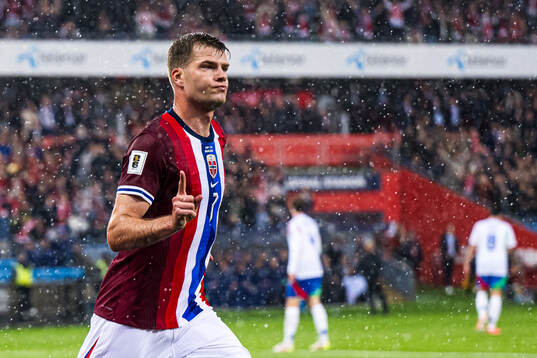 Alexander Sørloth of Norway celebrates