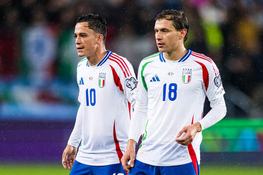 Giacomo Raspadori and Nicolo Barella of Italy