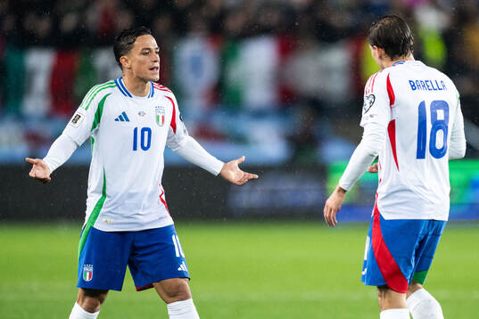 Giacomo Raspadori and Nicolo Barella of Italy