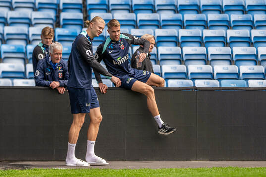 Erling Braut Haaland and Kristoffer Ajer of the Norwegian