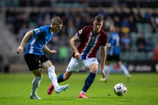 Joseph Saliste of Estonia and Alexander Sørloth of Norway