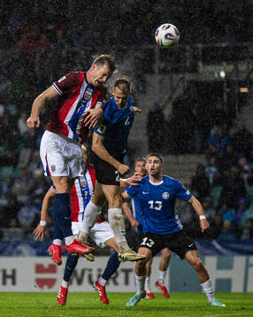 Alexander Sørloth of Norway and Patrik Kristal of Estonia