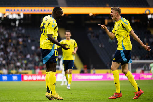 Ken Sema of Sweden celebrates with Alexander Bernhardsson