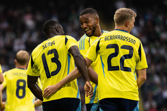 Ken Sema of Sweden celebrates with Isak Hien and Alexander