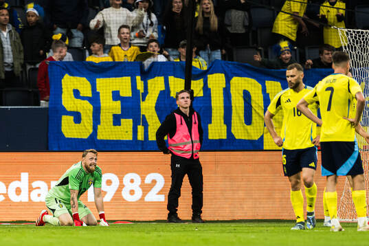 Goalkeeper Viktor Johansson of Sweden looks dejected