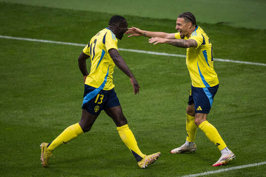 Ken Sema and Jordan Larsson of Sweden celebrating the 1-0