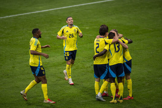Ken Sema of Sweden celebrating his 2-0 goal with team mates