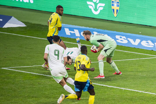 Isak Hien and goalkeeper Viktor Johansson of Sweden