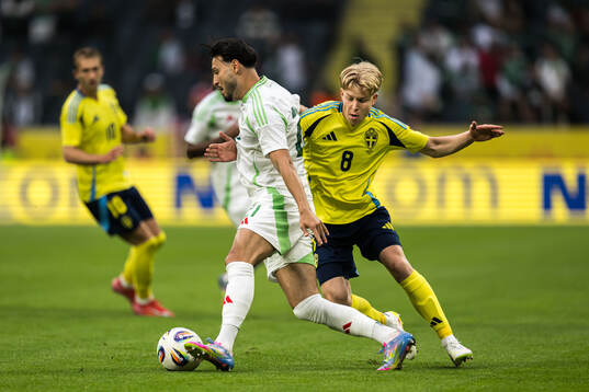 Ramy Bensebaini of Algeria and Daniel Svensson of Sweden
